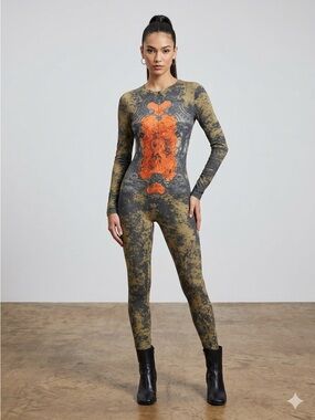 Riscuyy Olive & Rust Sheer Printed Long-Sleeve Jumpsuit Size S New in Bag
